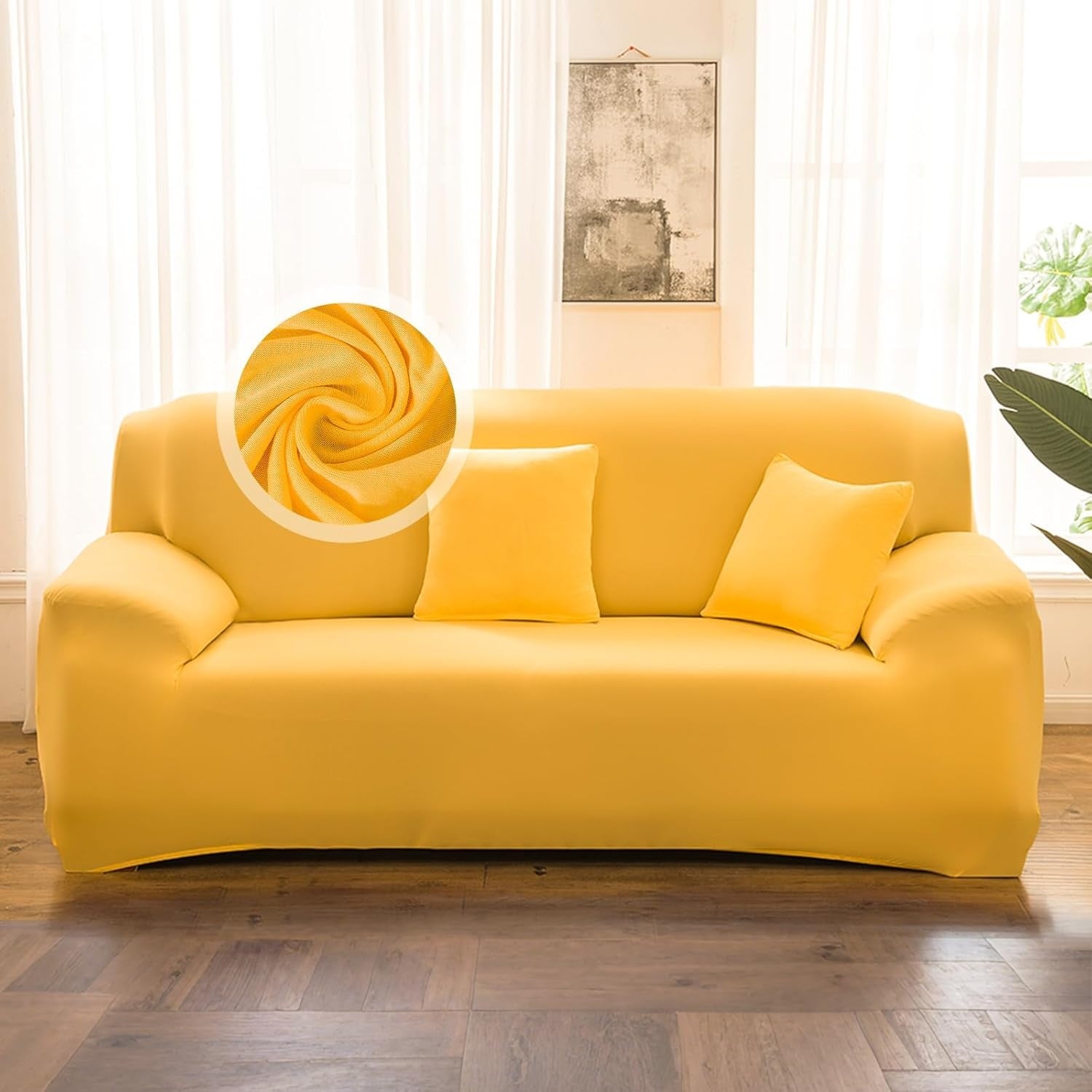 Fodera Estensibile per Divano Tre Posti Lavabile con Protezione Antimacchia Antigraffio e Fondo Antiscivolo Giallo
