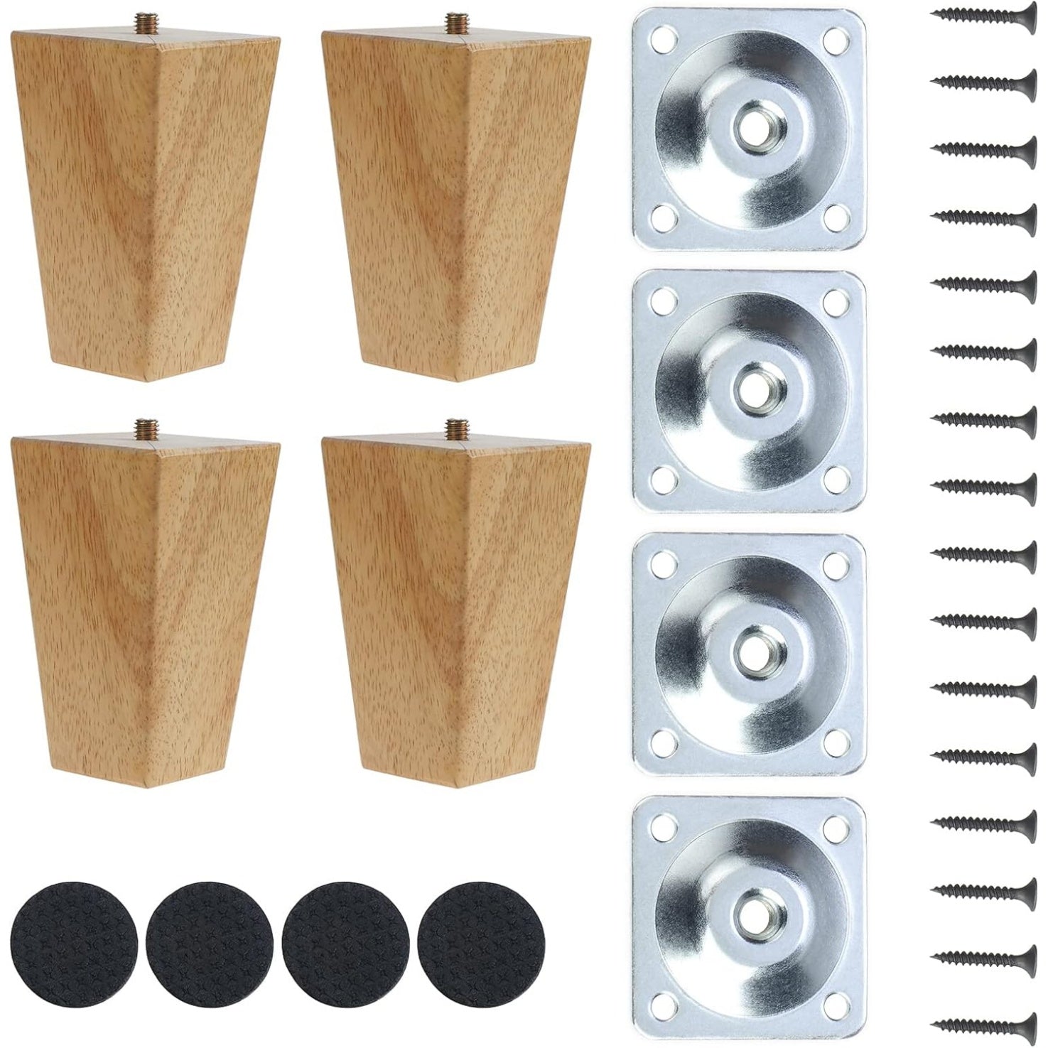 Set di 4 Piedini in Legno Massello per Mobili e Divani con Piastra di Montaggio Viti e Tappetini Antiscivolo Altezza 10 cm