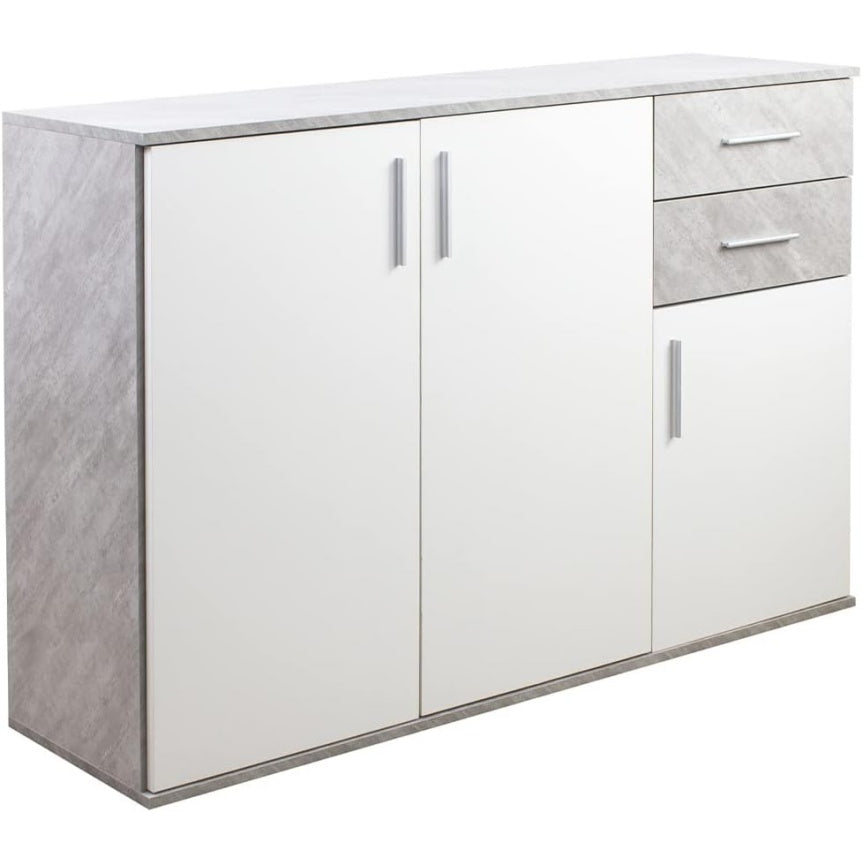 Madia con 3 Ante e 2 Cassetti Mobile Multiuso Design Minimal Cemento e Bianco