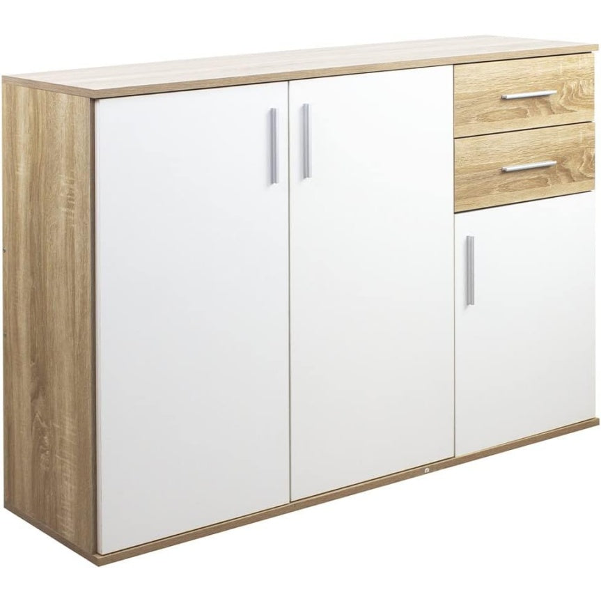 Madia con 3 Ante e 2 Cassetti Mobile Multiuso Quercia e Bianco